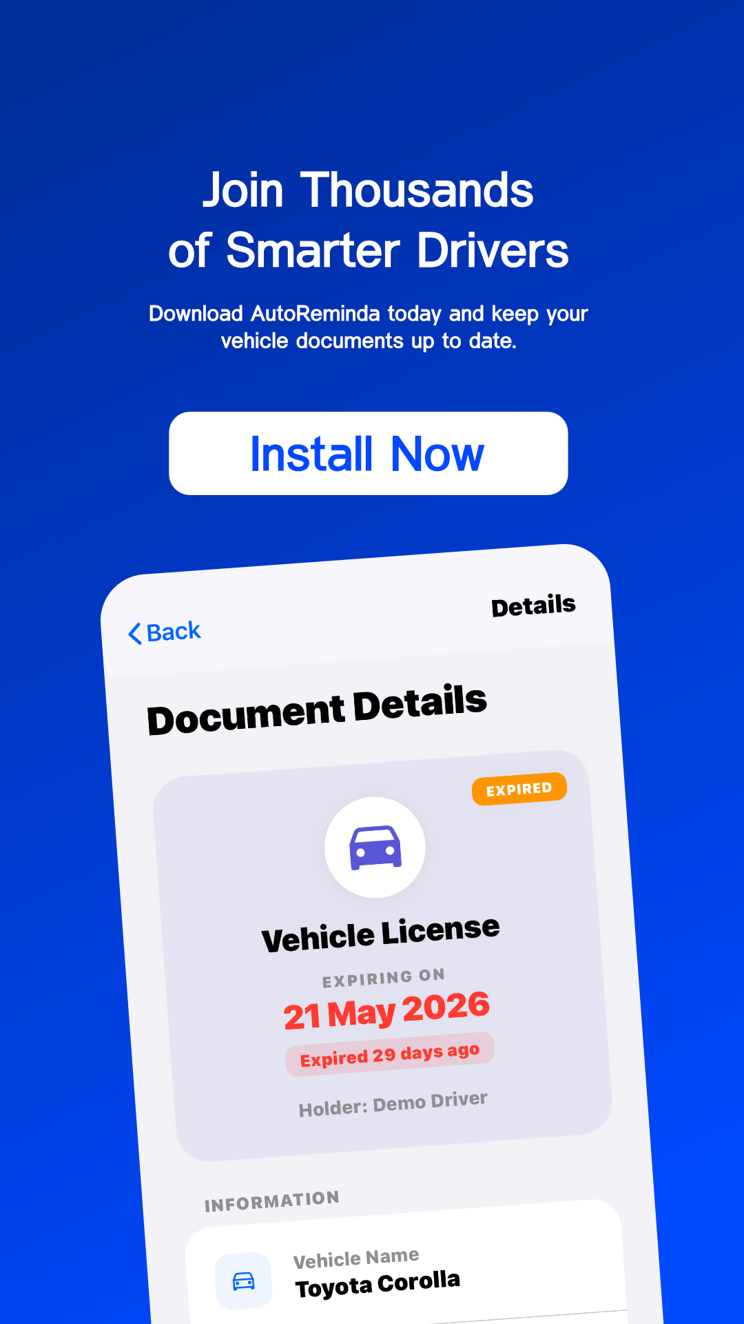 AutoReminda document expiry details