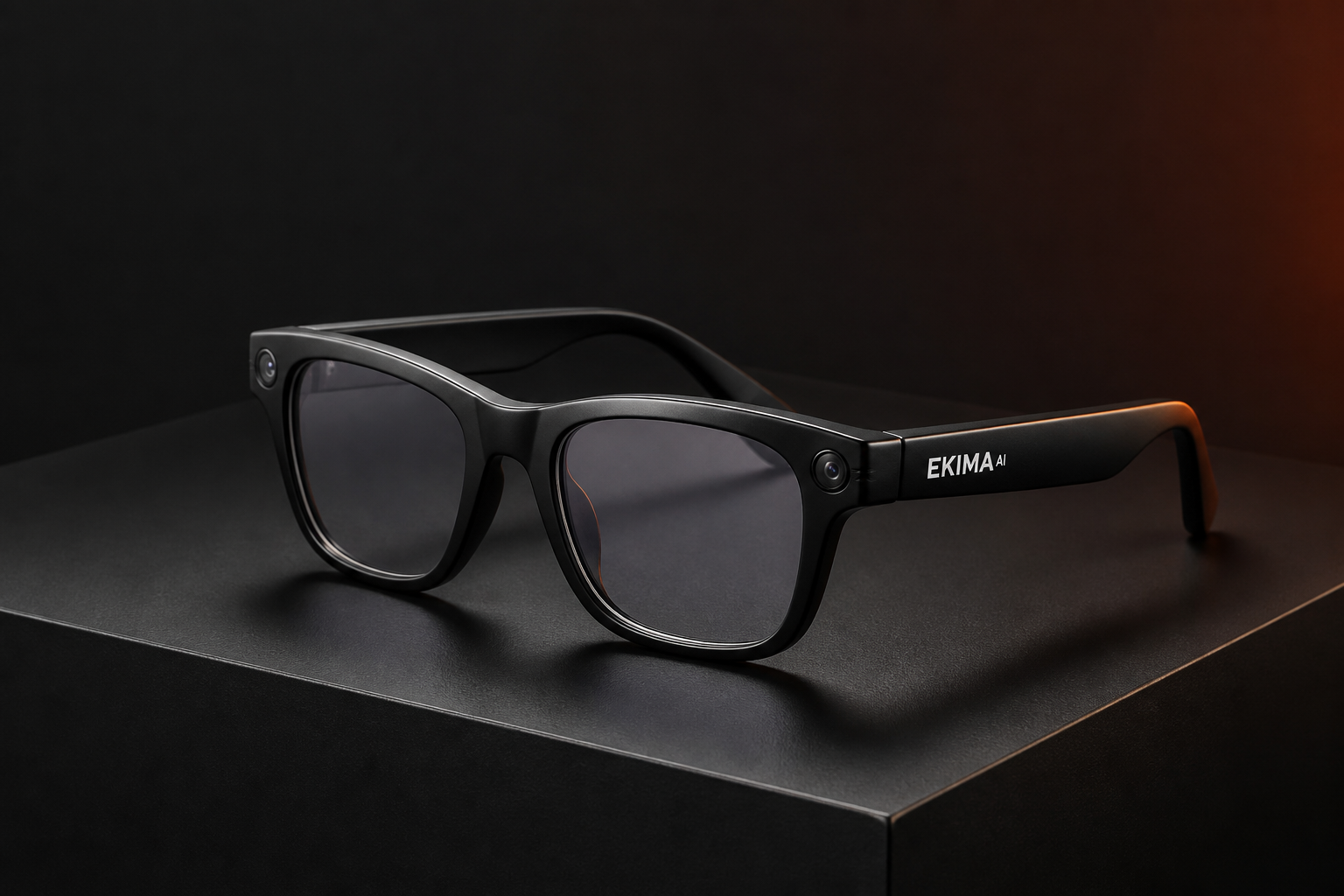 EKIMA AI smart glasses in a dark studio campaign