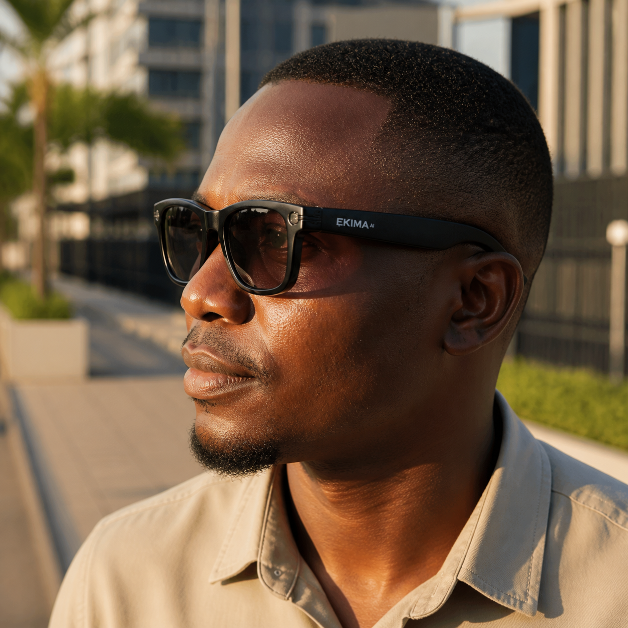 A man wearing EKIMA AI smart glasses outdoors